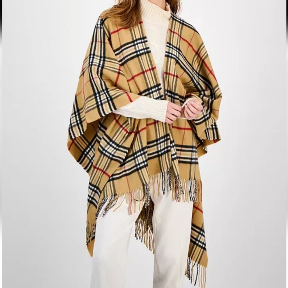 V. FRAAS Exploded Plaid Ruana Wrap Poncho One Size Fringe Nova Check Beachy